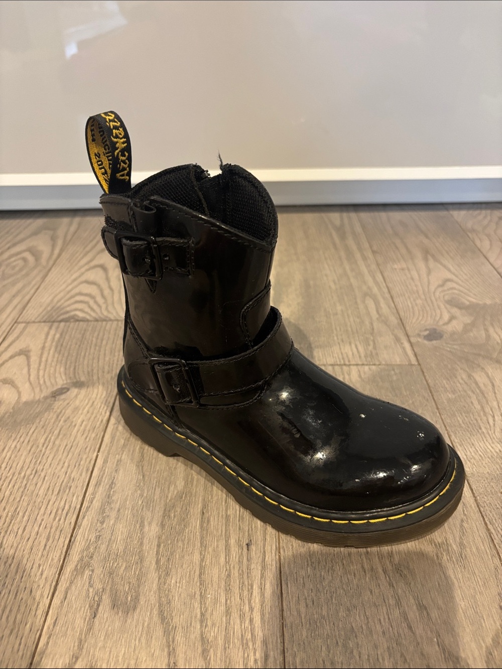Dr. Martens Kids' Black Patent Leather Buckle Boot, size 12